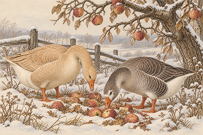 Waterfowl grazing in the orchard pasture